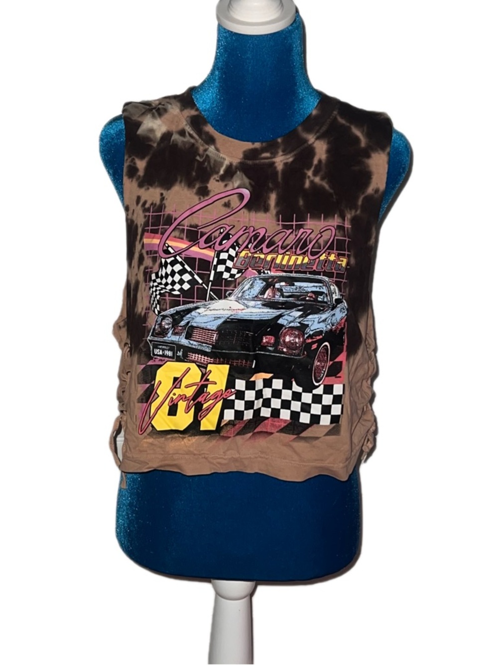 100% Cotton Chemistry Up cycled Tie-Dye Camaro Graphic Crop Tank Top Large